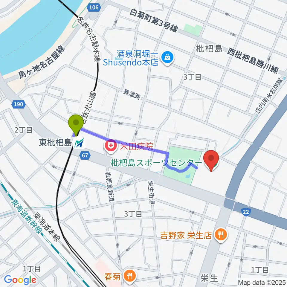 枇杷島スポーツセンターの最寄駅東枇杷島駅からの徒歩ルート（約8分）地図