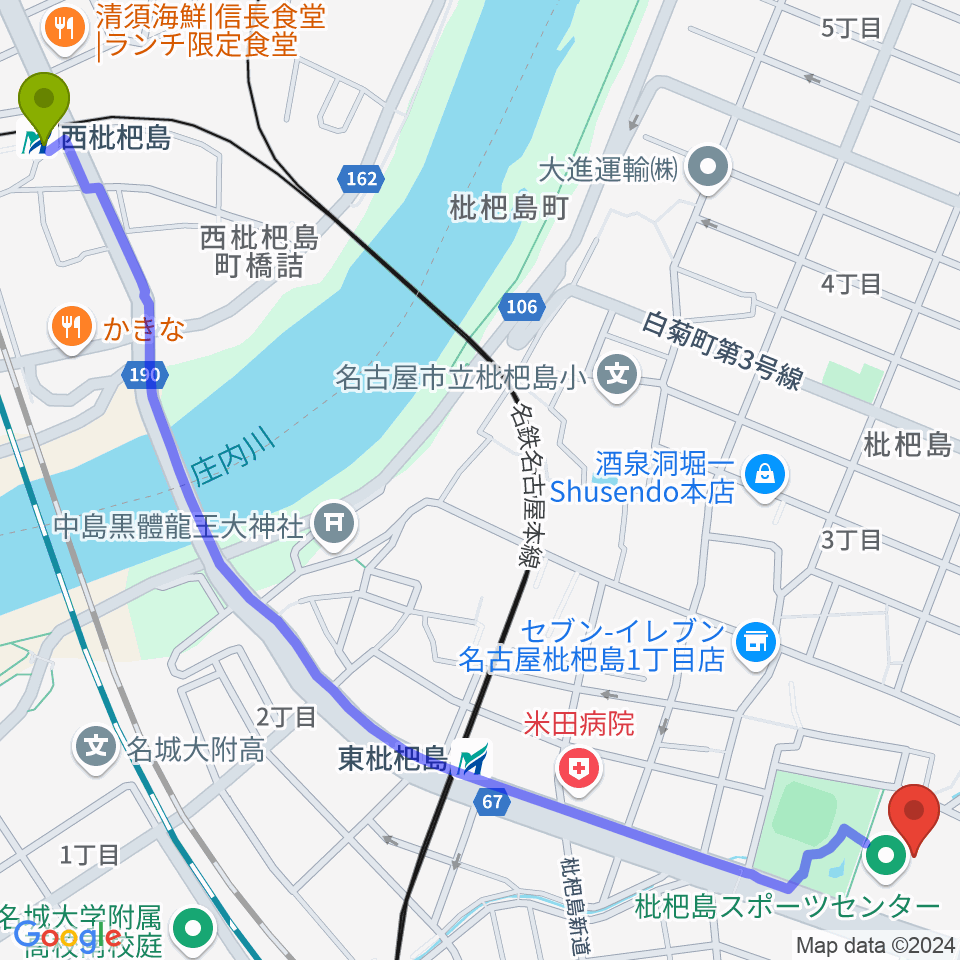 西枇杷島駅から枇杷島スポーツセンターへのルートマップ地図