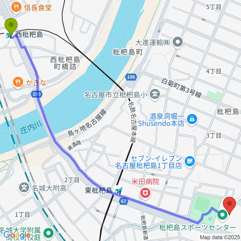 西枇杷島駅から枇杷島スポーツセンターへのルートマップ地図