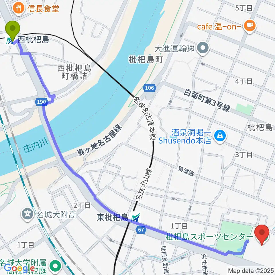 西枇杷島駅から枇杷島スポーツセンターへのルートマップ地図