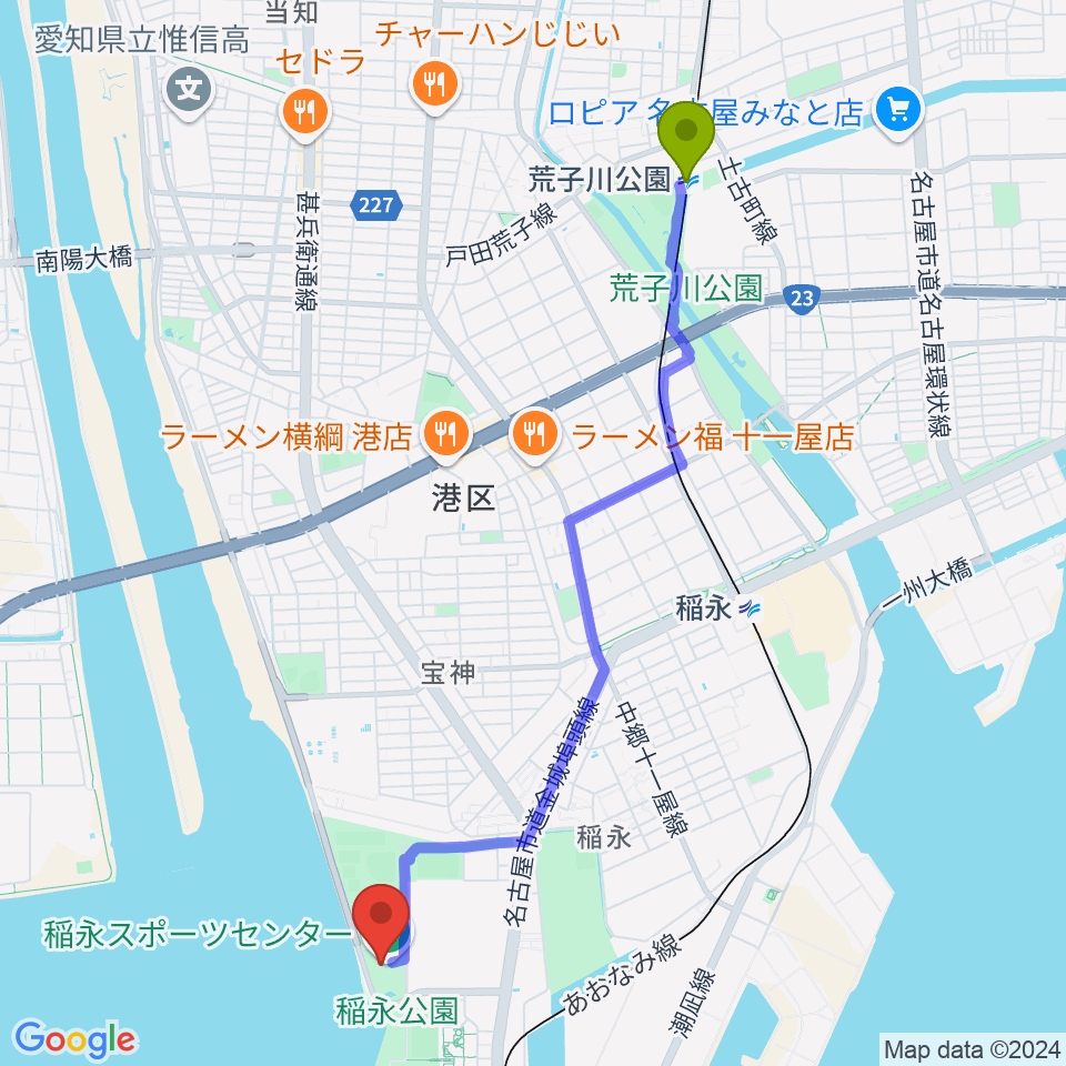 荒子川公園駅から稲永スポーツセンターへのルートマップ地図