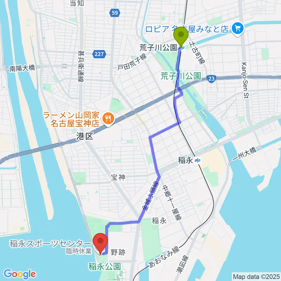 荒子川公園駅から稲永スポーツセンターへのルートマップ地図
