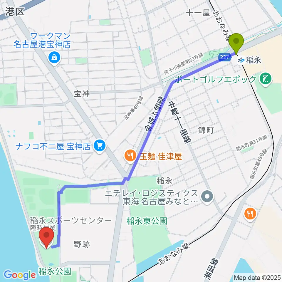 稲永駅から稲永スポーツセンターへのルートマップ地図
