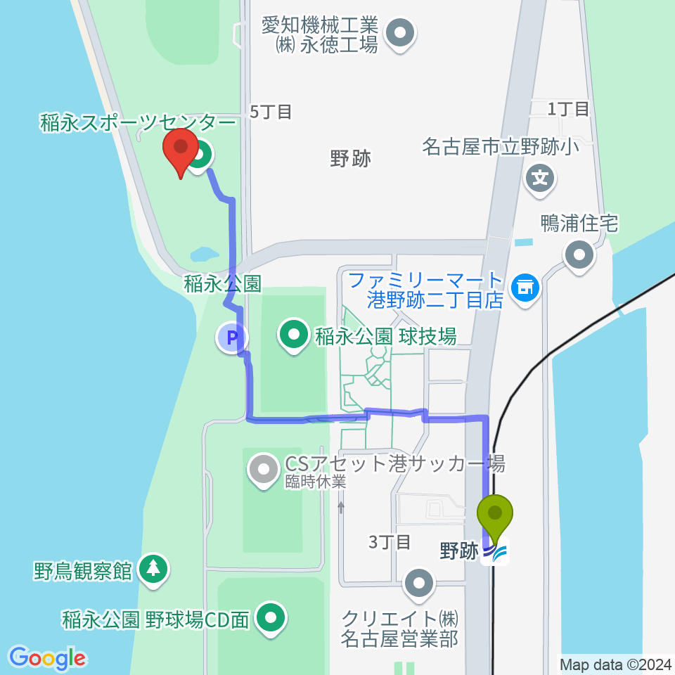 稲永スポーツセンターの最寄駅野跡駅からの徒歩ルート（約11分）地図