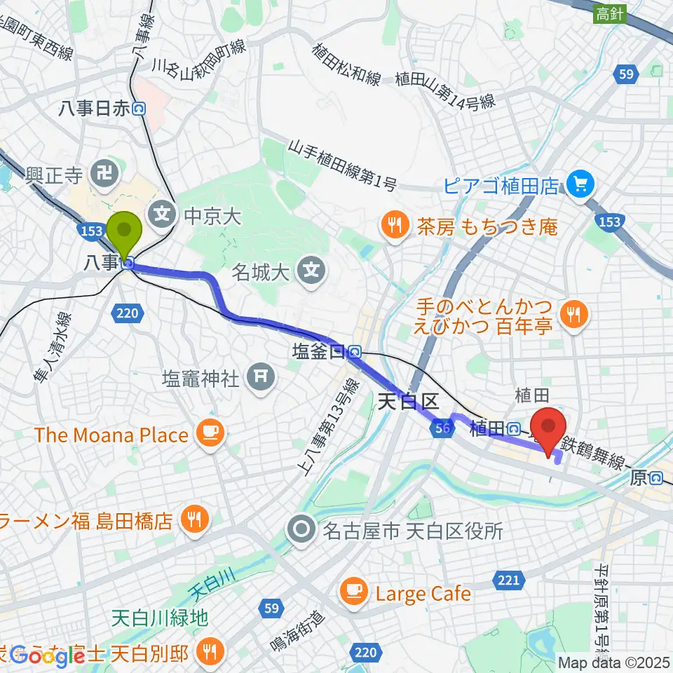 八事駅から天白スポーツセンターへのルートマップ地図
