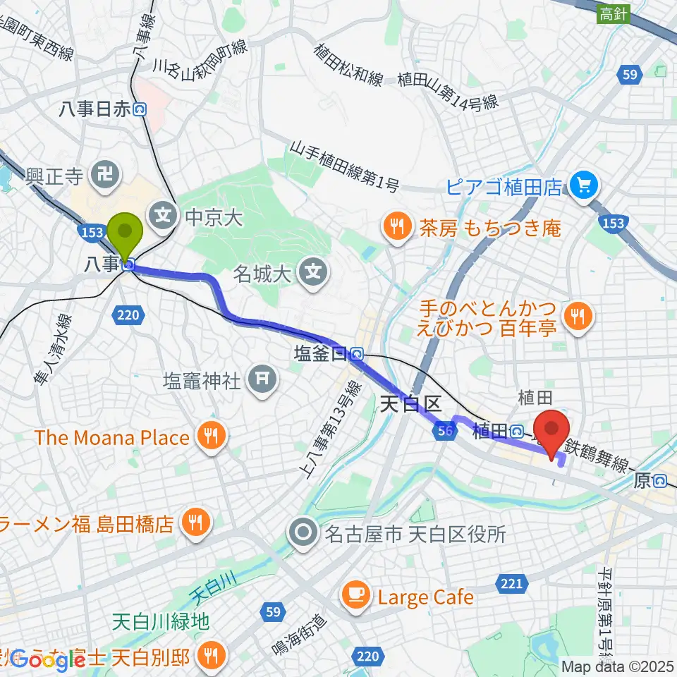 八事駅から天白スポーツセンターへのルートマップ地図
