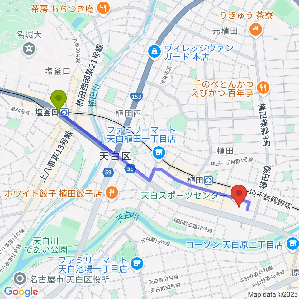 塩釜口駅から天白スポーツセンターへのルートマップ地図