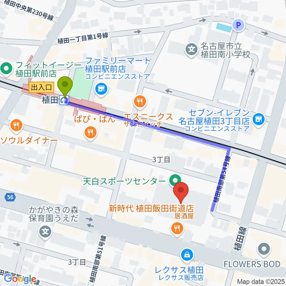 天白スポーツセンターの最寄駅植田駅からの徒歩ルート（約4分）地図