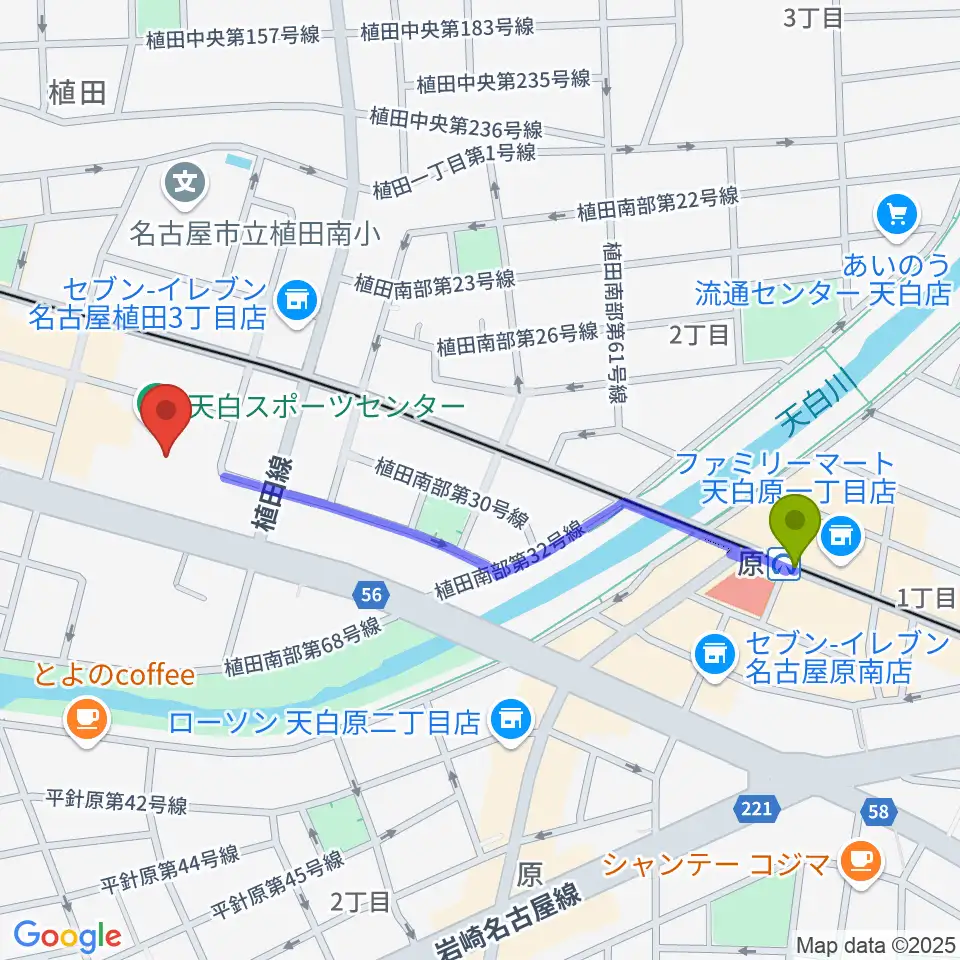 原駅から天白スポーツセンターへのルートマップ地図