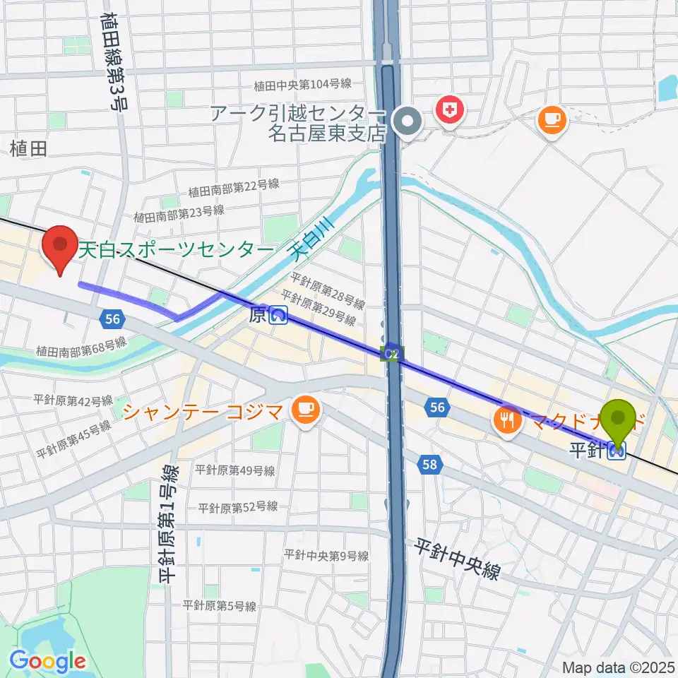 平針駅から天白スポーツセンターへのルートマップ地図