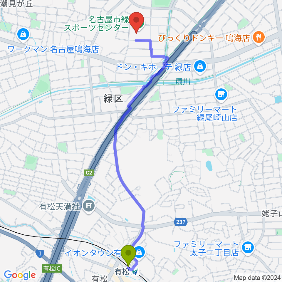 名古屋市緑スポーツセンターの最寄駅有松駅からの徒歩ルート（約26分）地図