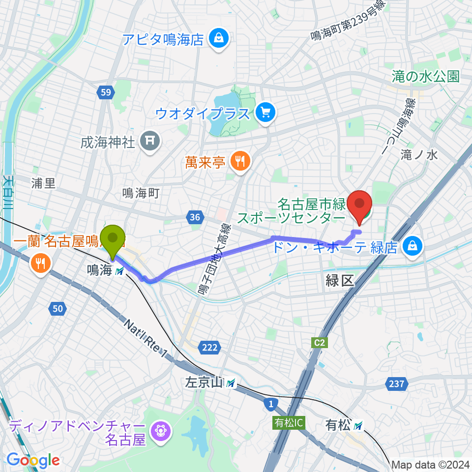 鳴海駅から名古屋市緑スポーツセンターへのルートマップ地図