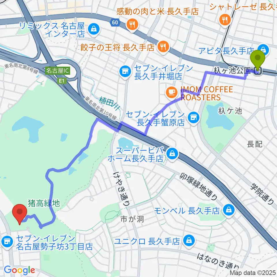 杁ヶ池公園駅から名古屋市名東スポーツセンターへのルートマップ地図