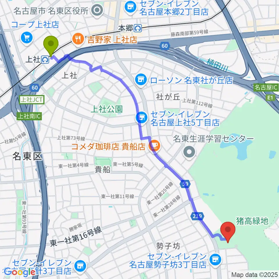 上社駅から名古屋市名東スポーツセンターへのルートマップ地図