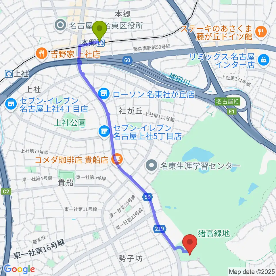 名古屋市名東スポーツセンターの最寄駅本郷駅からの徒歩ルート（約26分）地図