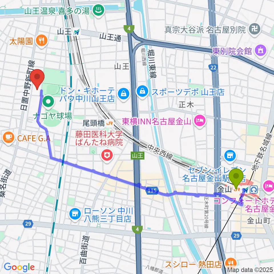 金山駅から名古屋市露橋スポーツセンターへのルートマップ地図