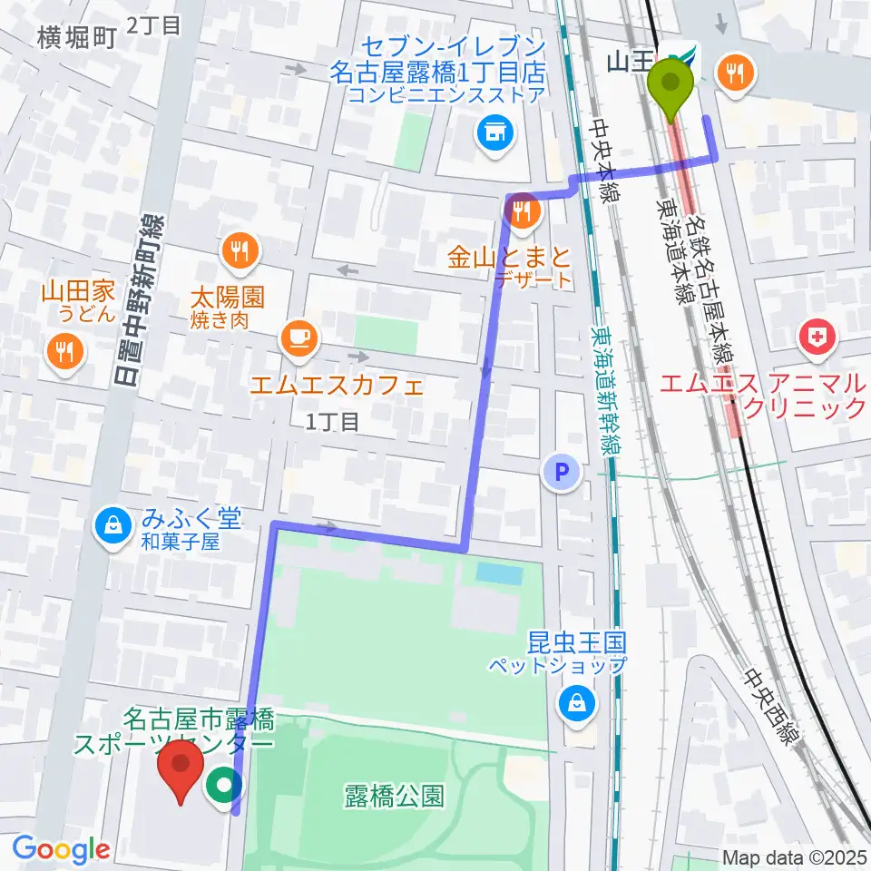 名古屋市露橋スポーツセンターの最寄駅山王駅からの徒歩ルート（約8分）地図