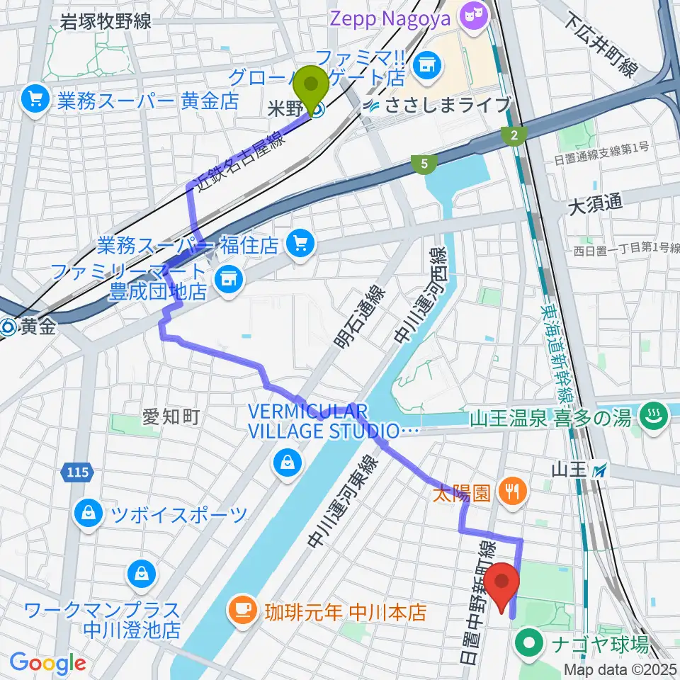 米野駅から名古屋市露橋スポーツセンターへのルートマップ地図