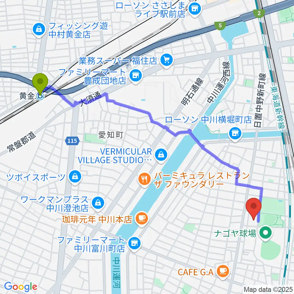 黄金駅から名古屋市露橋スポーツセンターへのルートマップ地図