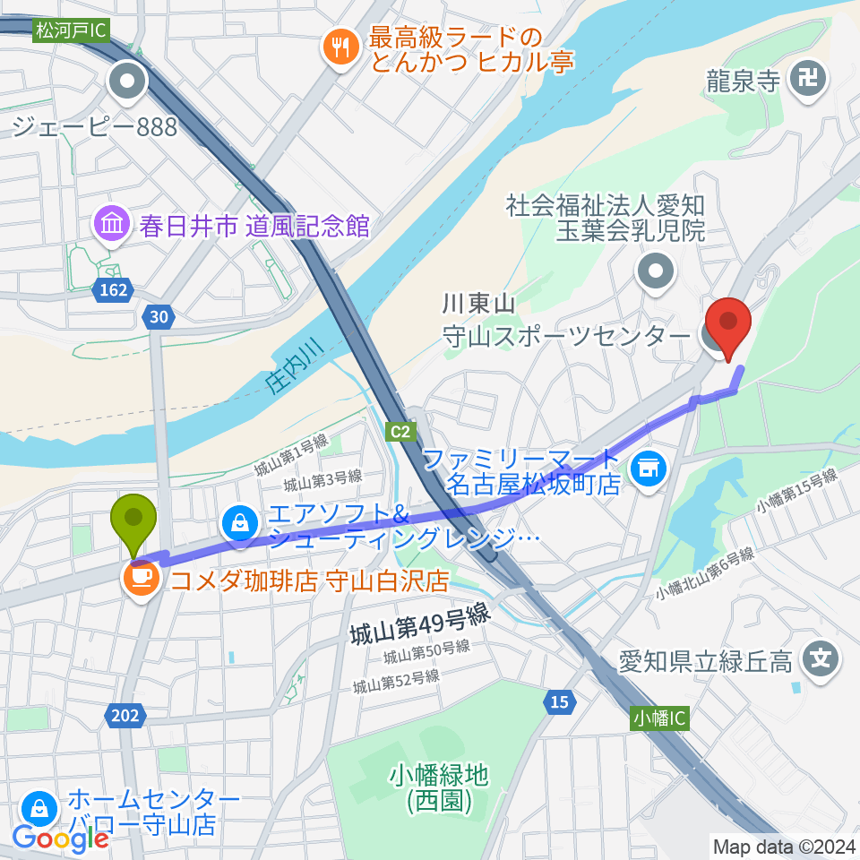 川村駅から守山スポーツセンターへのルートマップ地図