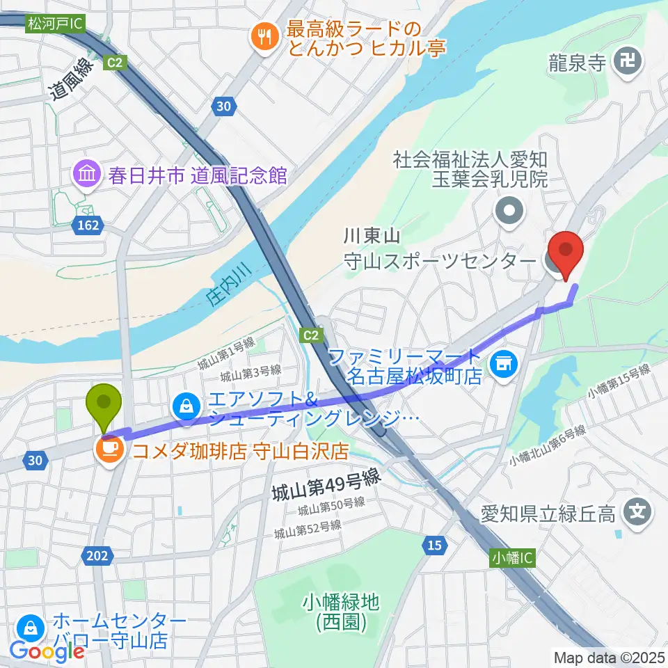 川村駅から守山スポーツセンターへのルートマップ地図