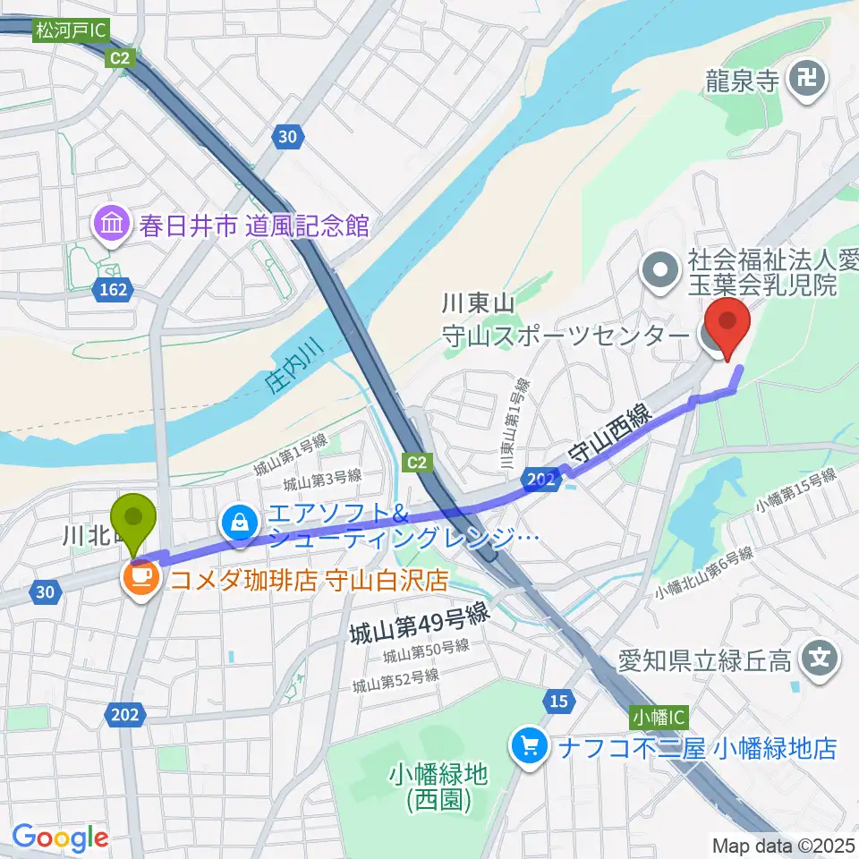 川村駅から守山スポーツセンターへのルートマップ地図