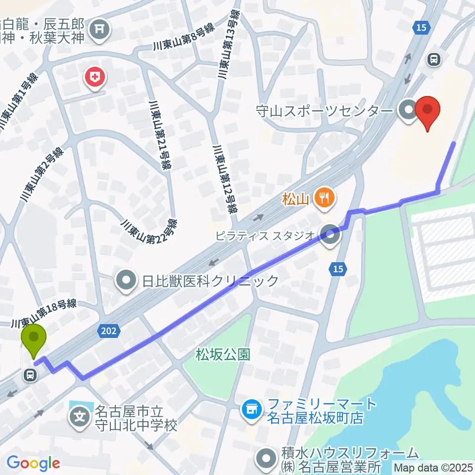 白沢渓谷駅から守山スポーツセンターへのルートマップ地図