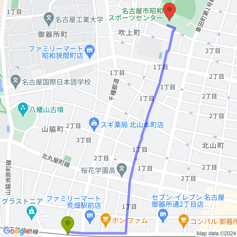 荒畑駅から名古屋市昭和スポーツセンターへのルートマップ地図