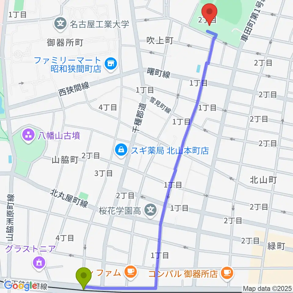 荒畑駅から名古屋市昭和スポーツセンターへのルートマップ地図