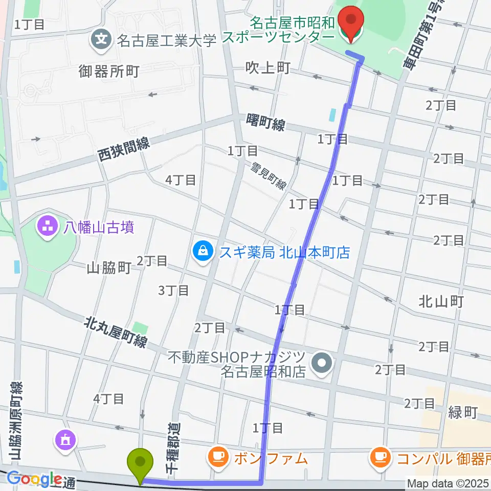 荒畑駅から名古屋市昭和スポーツセンターへのルートマップ地図