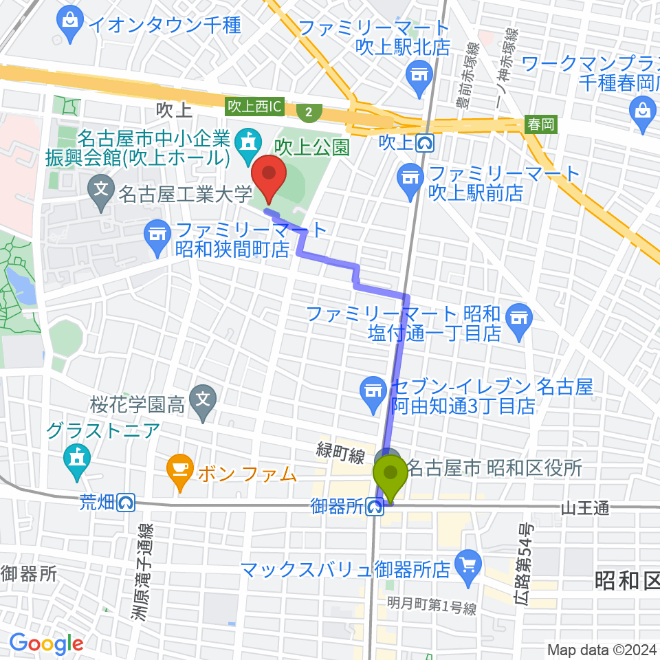 御器所駅から名古屋市昭和スポーツセンターへのルートマップ地図