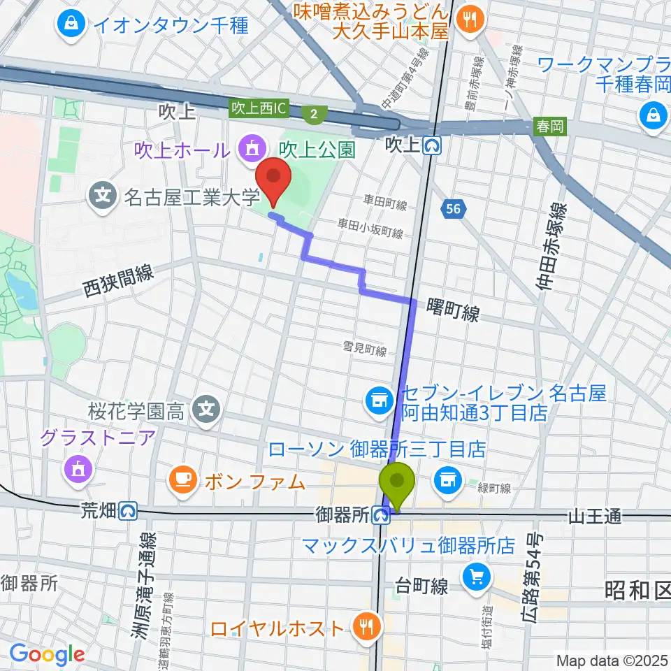 御器所駅から名古屋市昭和スポーツセンターへのルートマップ地図