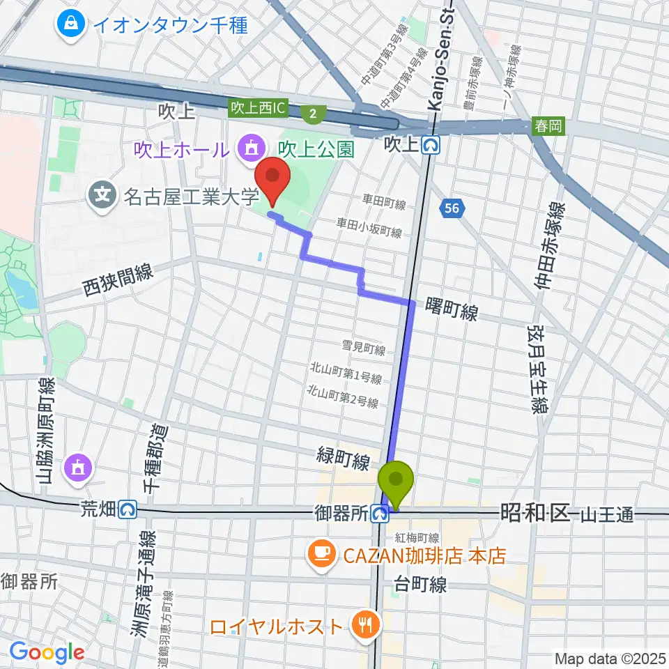 御器所駅から名古屋市昭和スポーツセンターへのルートマップ地図