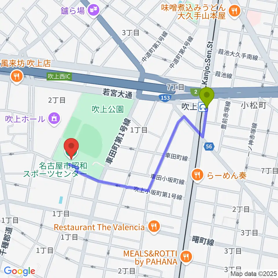 名古屋市昭和スポーツセンターの最寄駅吹上駅からの徒歩ルート（約8分）地図