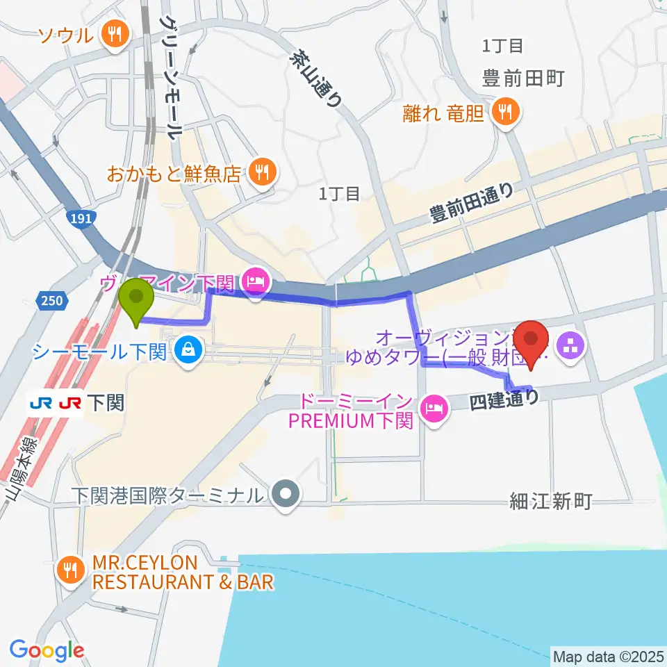 海峡メッセ下関の最寄駅下関駅からの徒歩ルート（約9分）地図