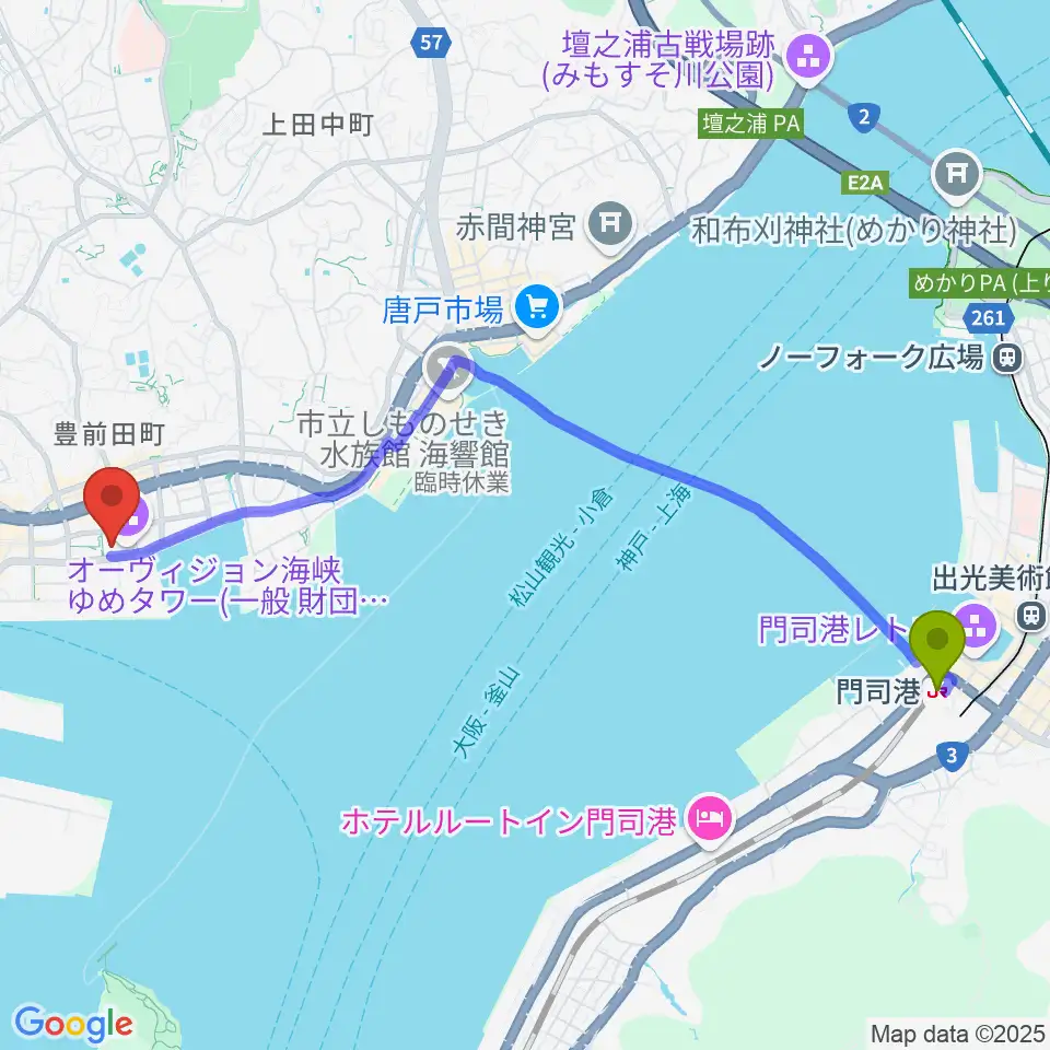 門司港駅から海峡メッセ下関へのルートマップ地図