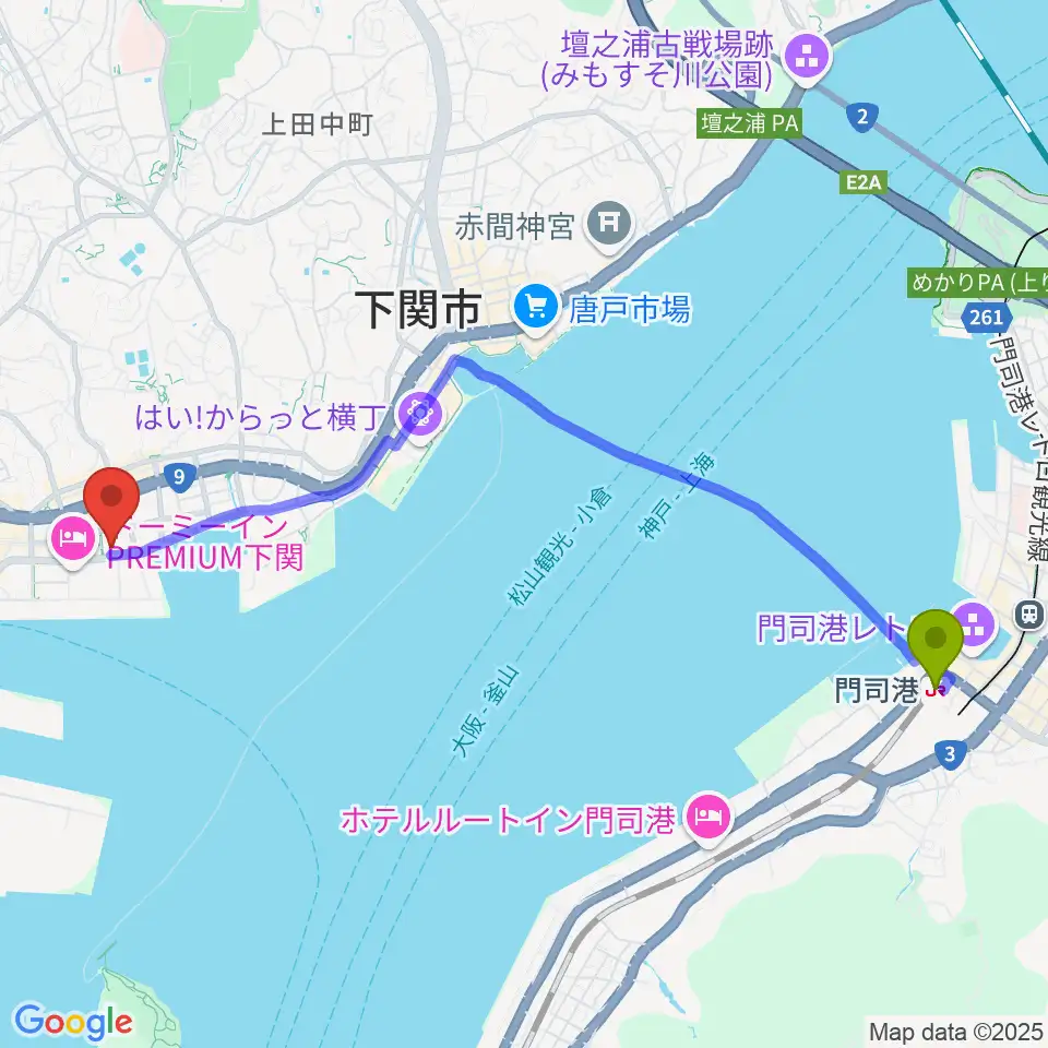 門司港駅から海峡メッセ下関へのルートマップ地図