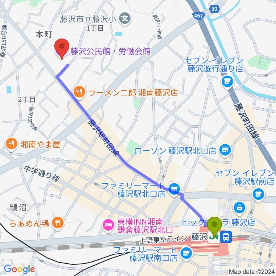 藤沢駅からFプレイスへのルートマップ地図