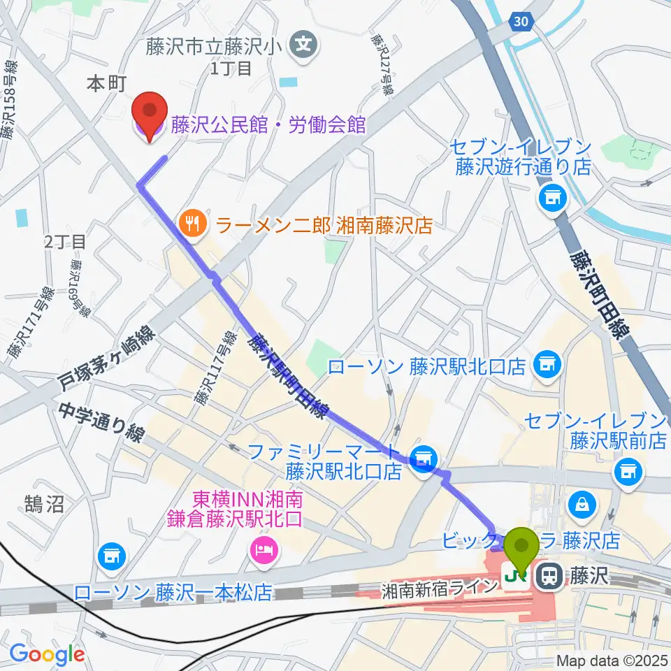 藤沢駅からFプレイスへのルートマップ地図