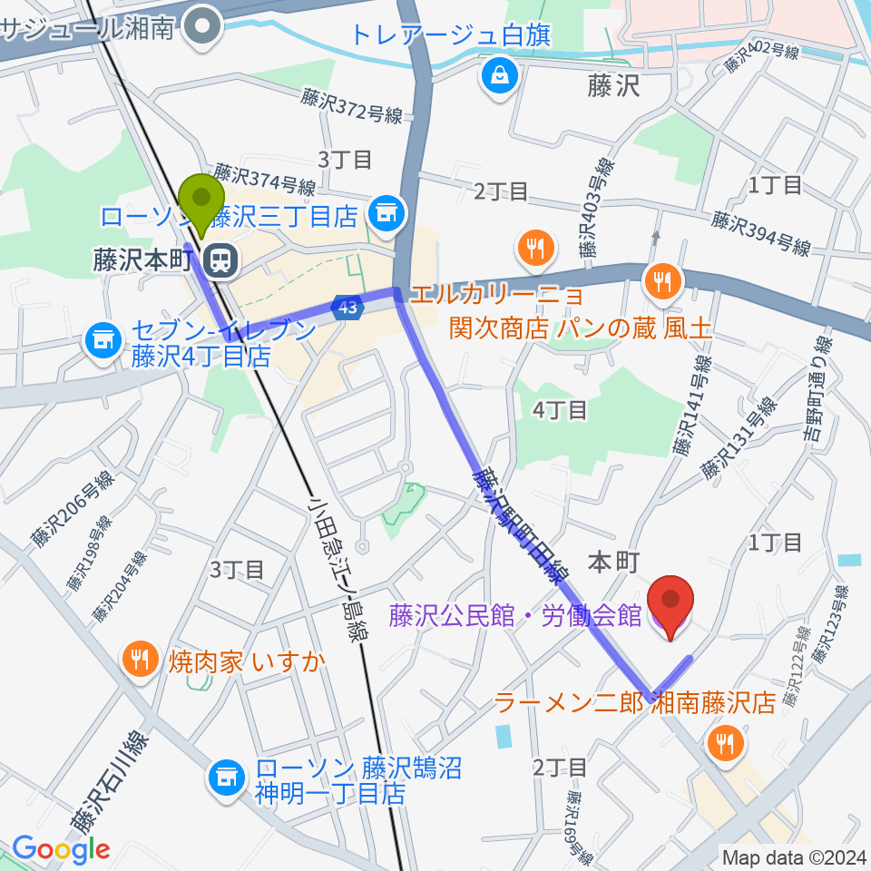 Fプレイスの最寄駅藤沢本町駅からの徒歩ルート（約11分）地図