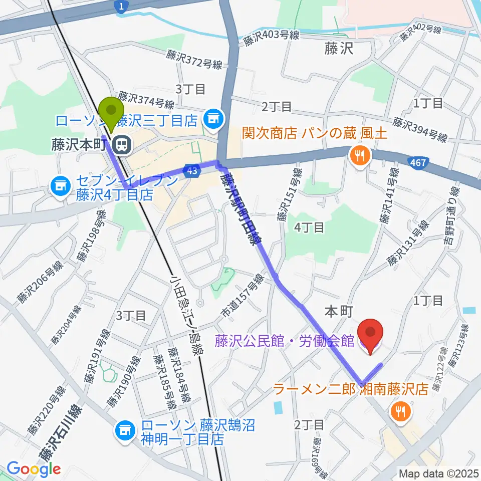 Fプレイスの最寄駅藤沢本町駅からの徒歩ルート（約11分）地図