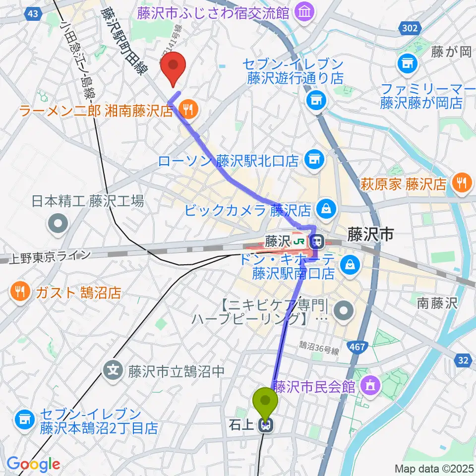 石上駅からFプレイスへのルートマップ地図