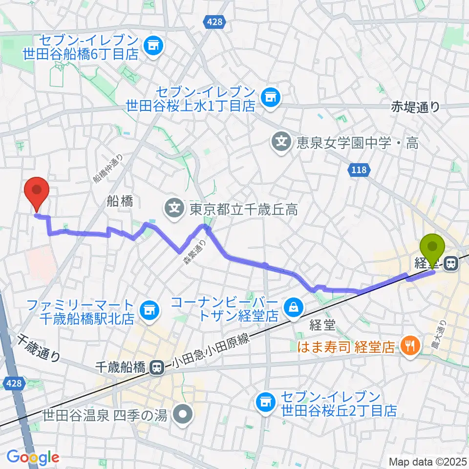 経堂駅からピアノスクール・クレッシェンドへのルートマップ地図