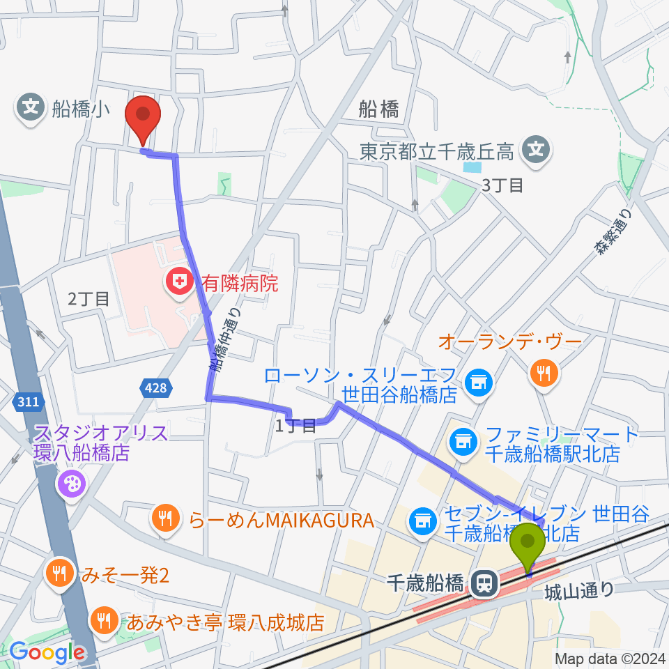 ピアノスクール・クレッシェンドの最寄駅千歳船橋駅からの徒歩ルート（約13分）地図