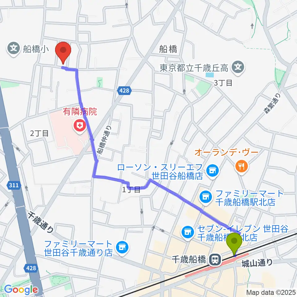 ピアノスクール・クレッシェンドの最寄駅千歳船橋駅からの徒歩ルート（約13分）地図
