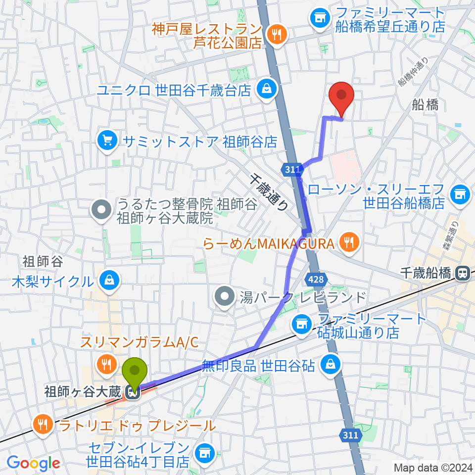 祖師ヶ谷大蔵駅からピアノスクール・クレッシェンドへのルートマップ地図