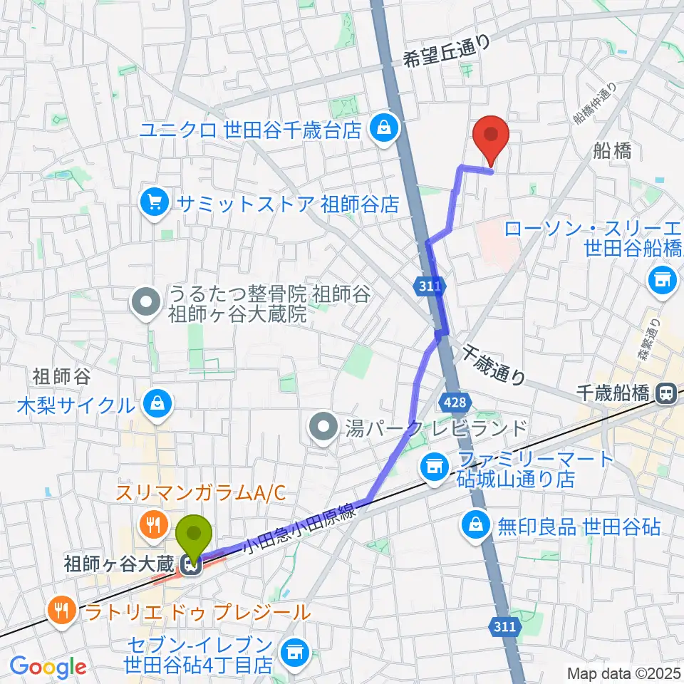 祖師ヶ谷大蔵駅からピアノスクール・クレッシェンドへのルートマップ地図