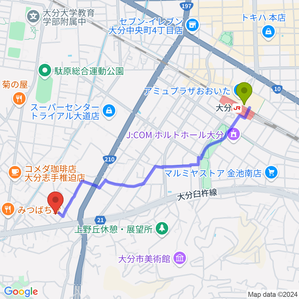 音楽教室Cafe 三月の水の最寄駅大分駅からの徒歩ルート（約23分）地図