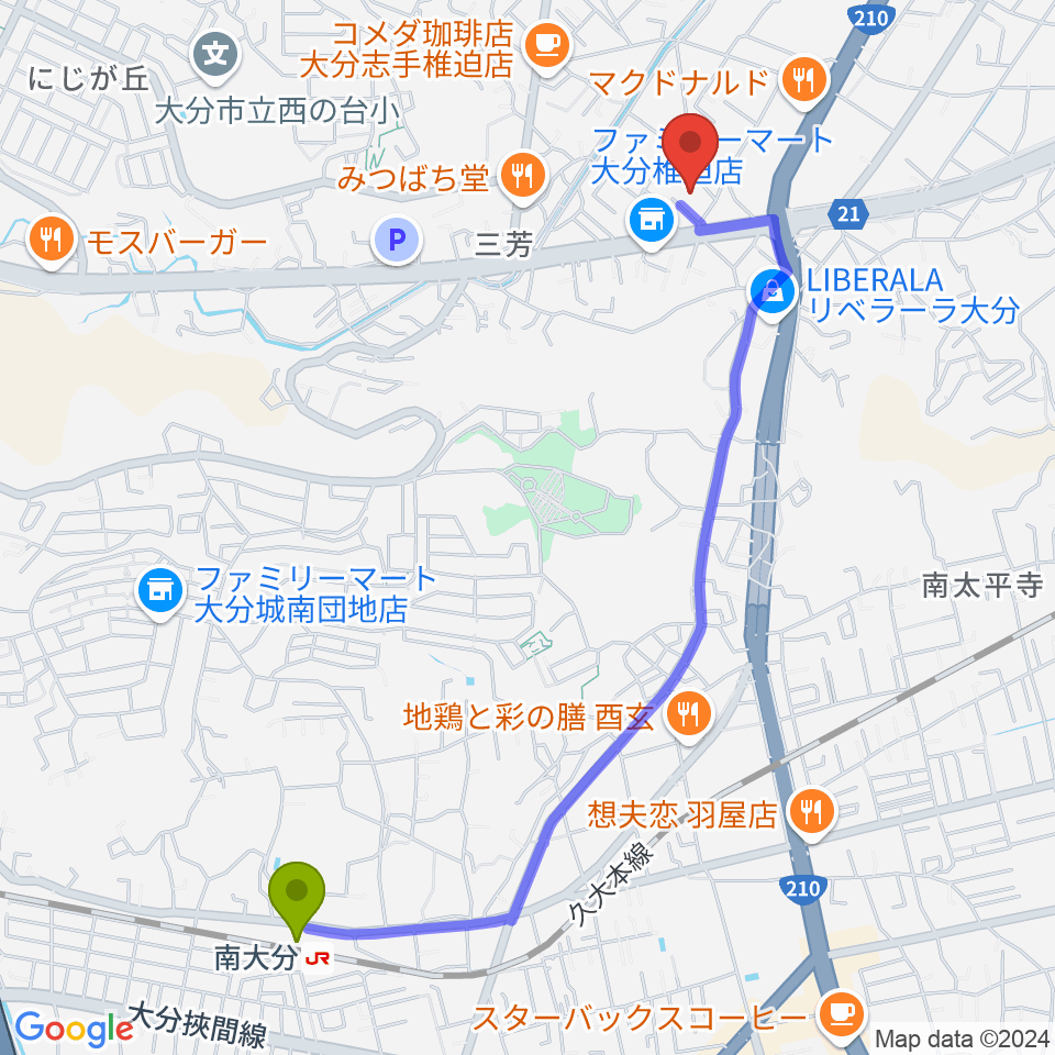 南大分駅から音楽教室Cafe 三月の水へのルートマップ地図