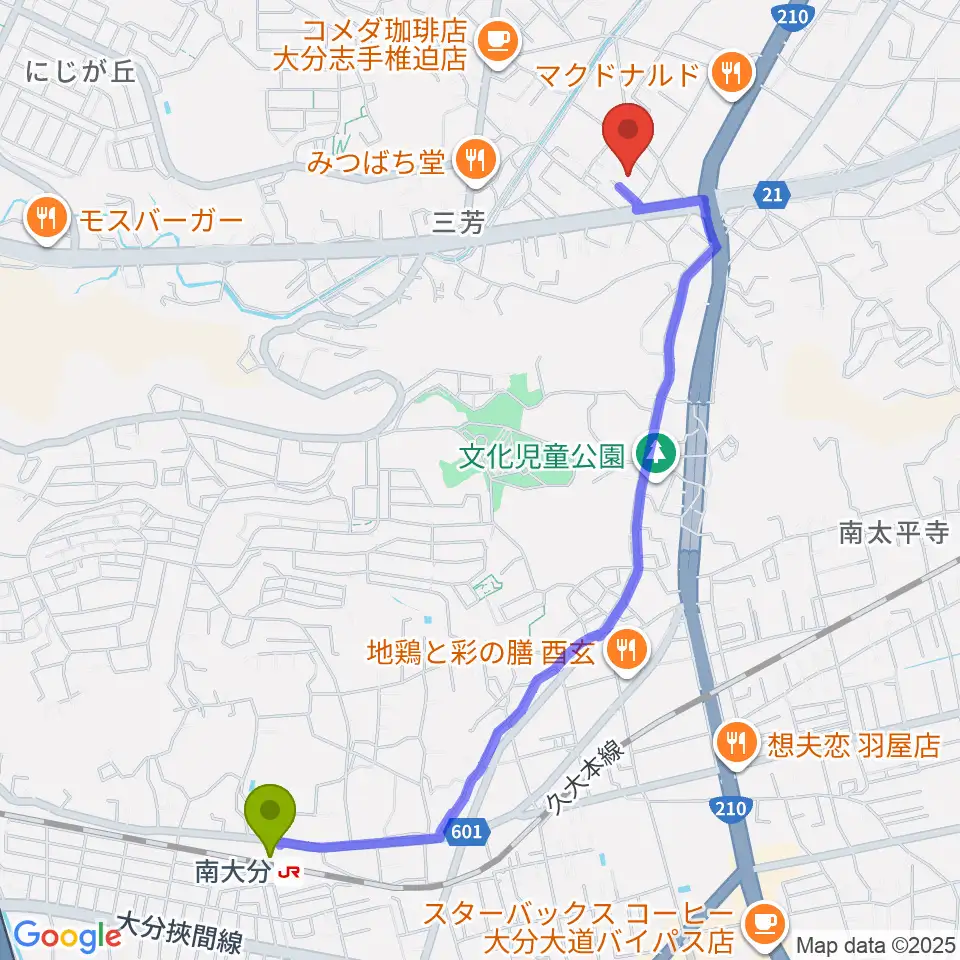 南大分駅から音楽教室Cafe 三月の水へのルートマップ地図